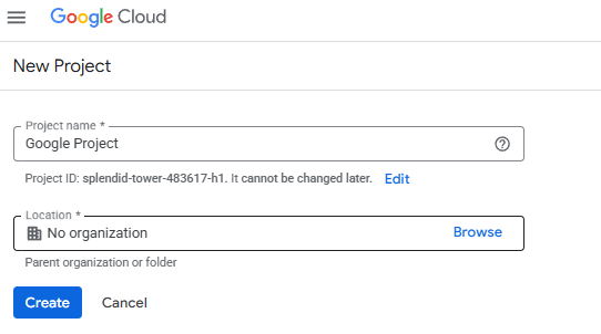 Google Cloud New Project screen: Project name, ID, and organization settings.